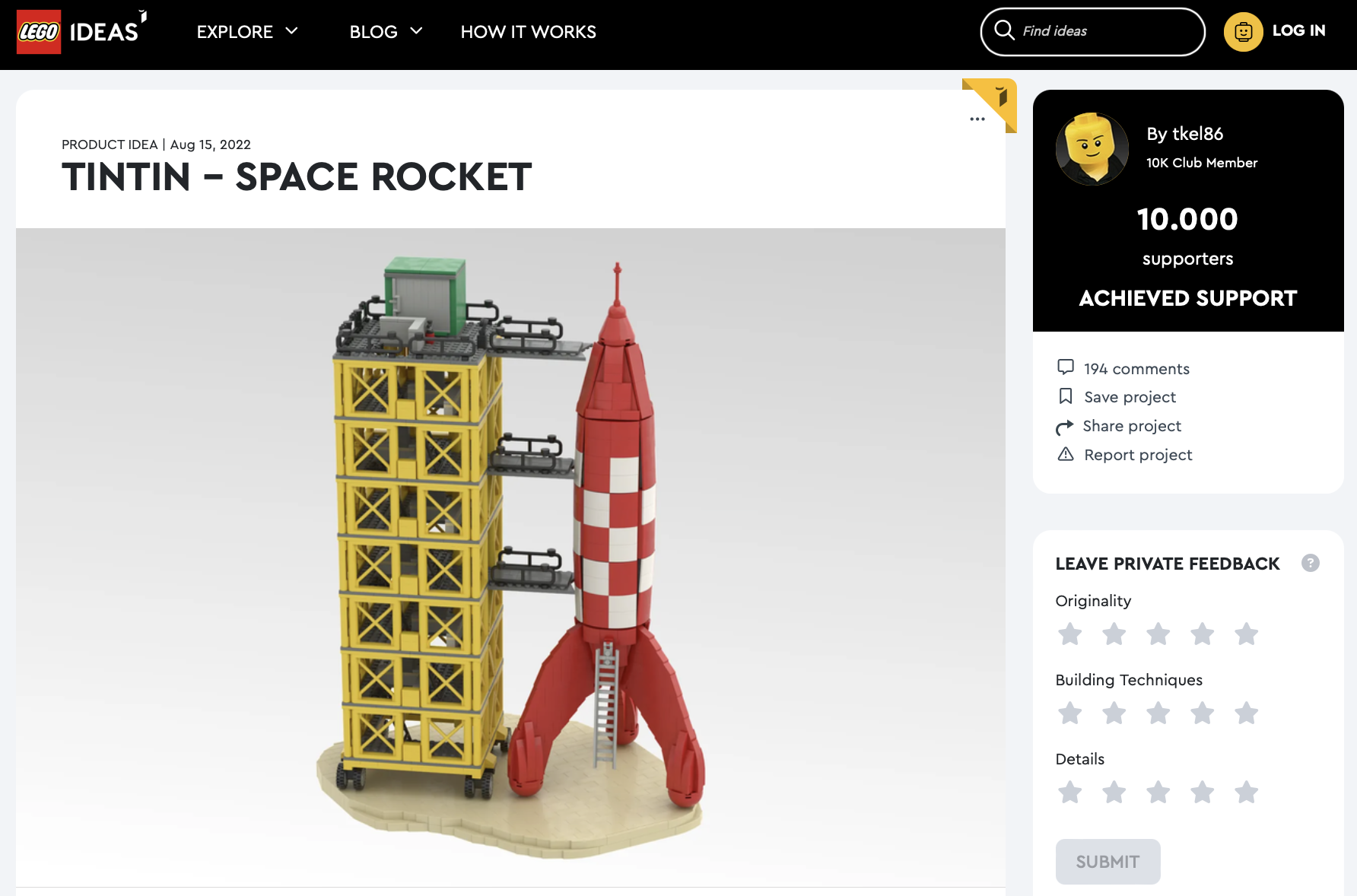 Tintin – Space Rocket raggiunge i 10k su LEGO Ideas