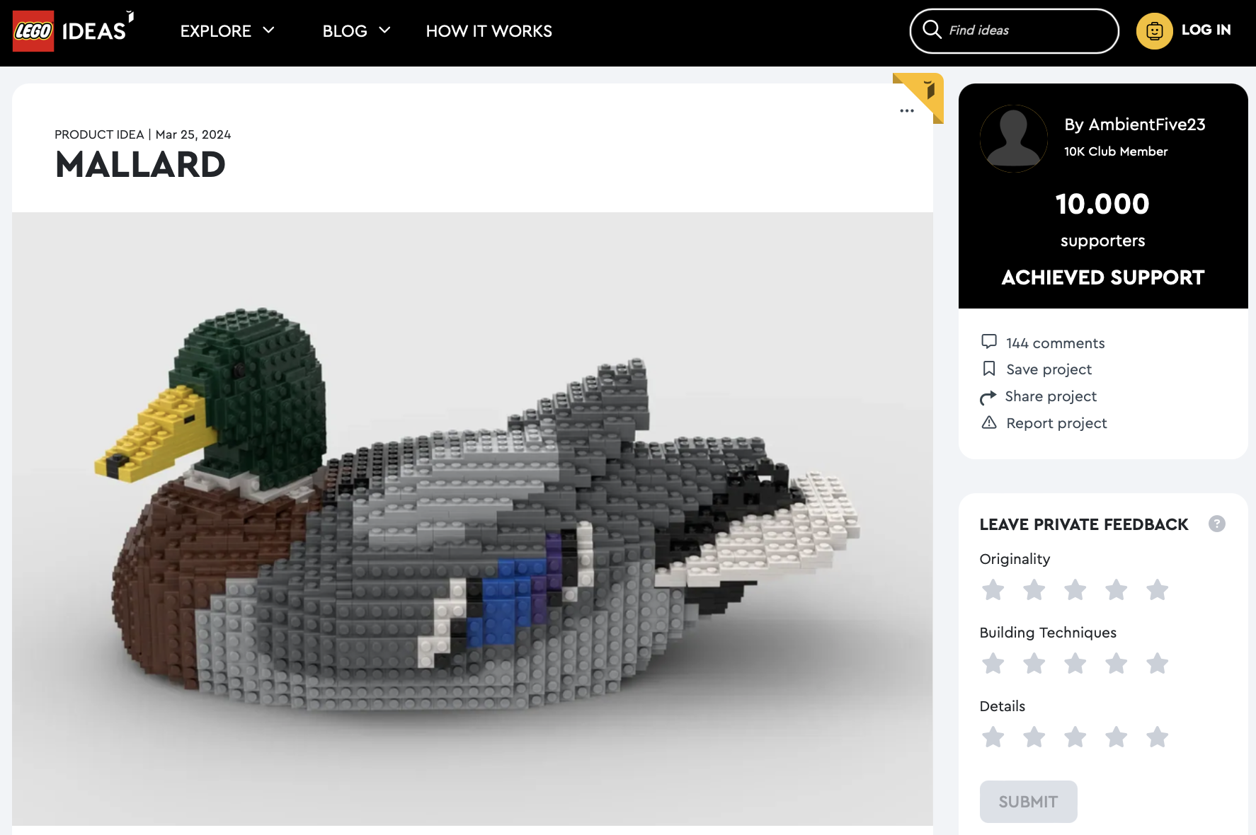 Mallard raggiunge i 10k su LEGO Ideas