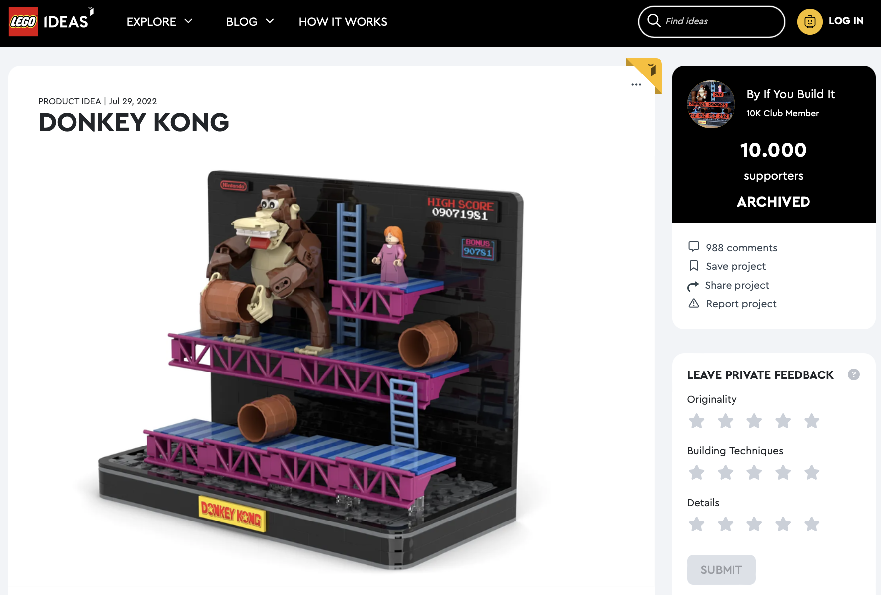 Donkey Kong raggiunge i 10k su LEGO Ideas