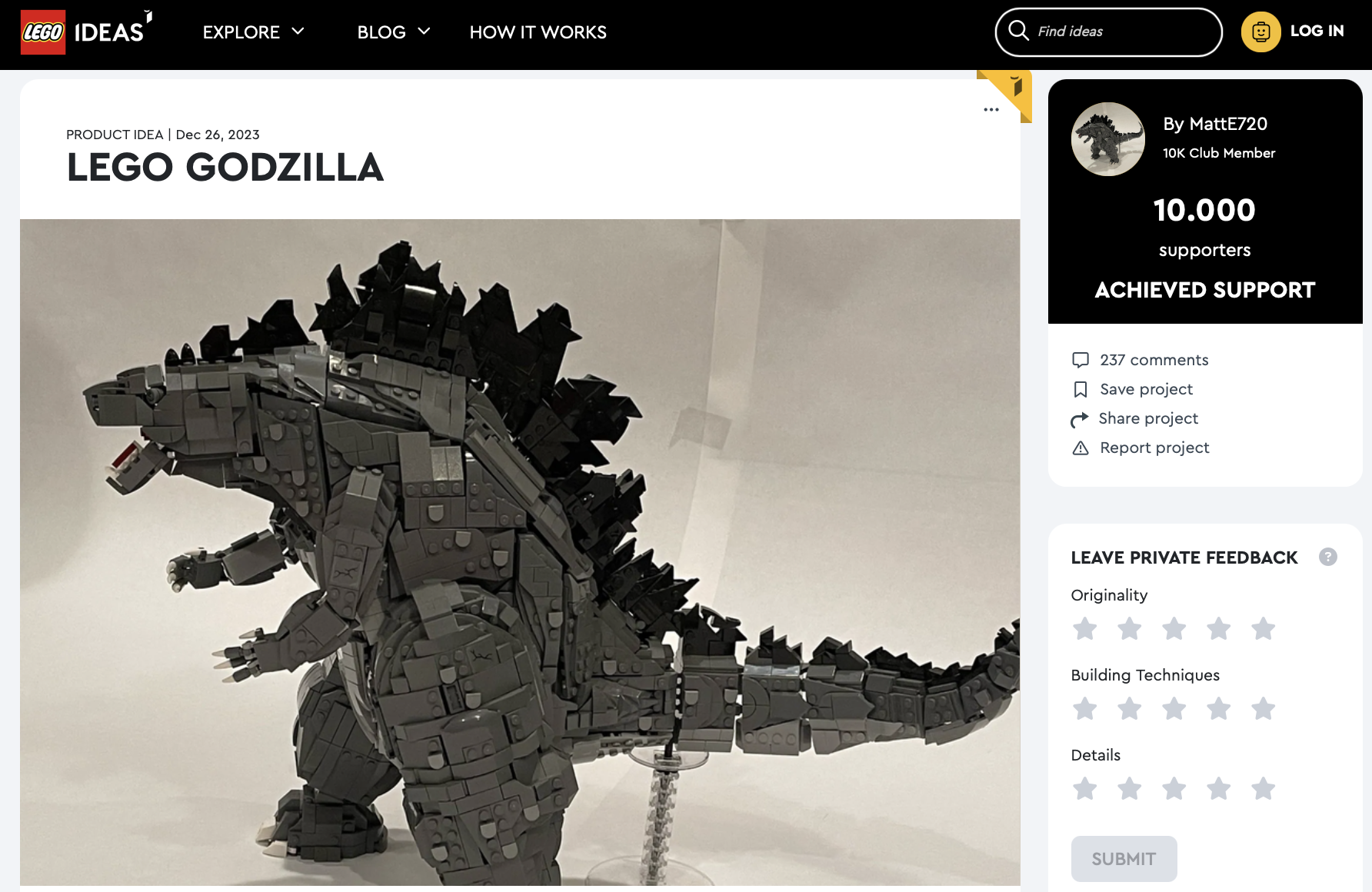 LEGO Godzilla raggiunge i 10k su LEGO Ideas