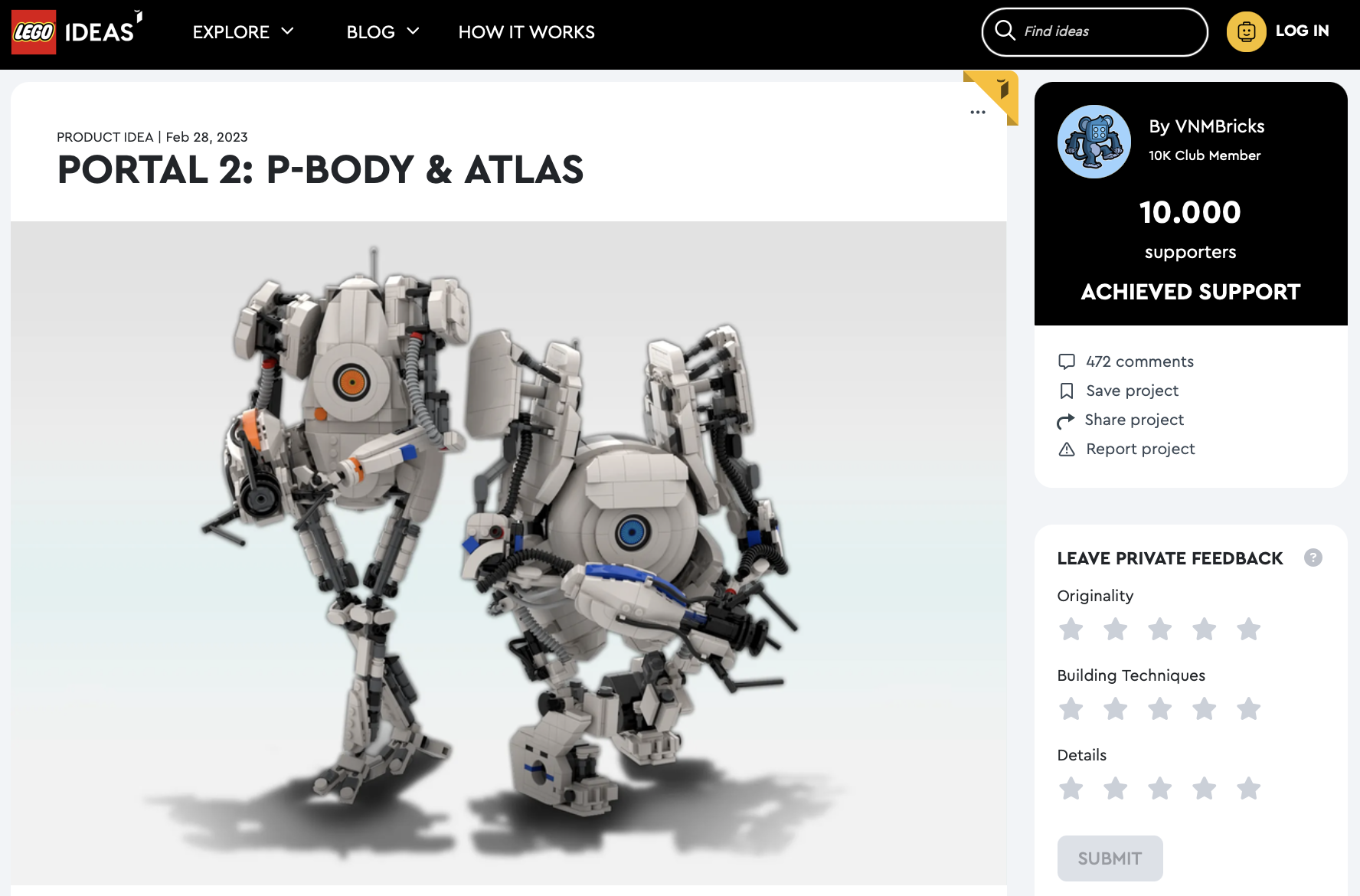 Portal 2: P-Body & Atlas raggiunge i 10k su LEGO Ideas