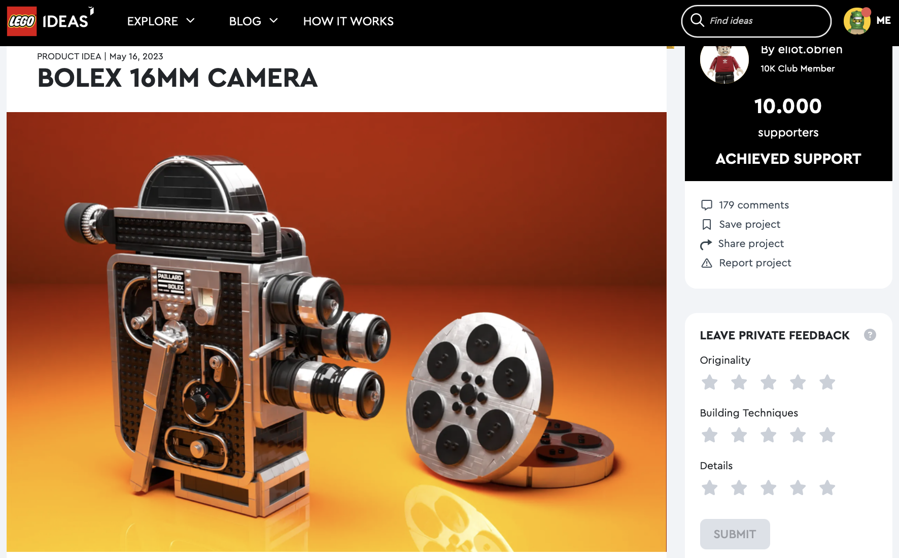 Bolex 16 mm Camera raggiunge i 10k su LEGO Ideas