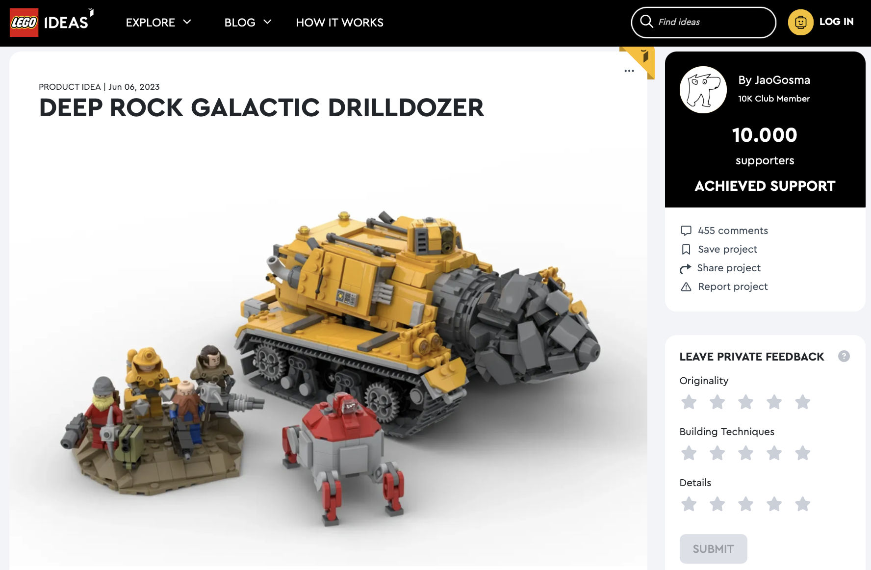 Deep Rock Galactic Drilldozer raggiunge i 10k su LEGO Ideas