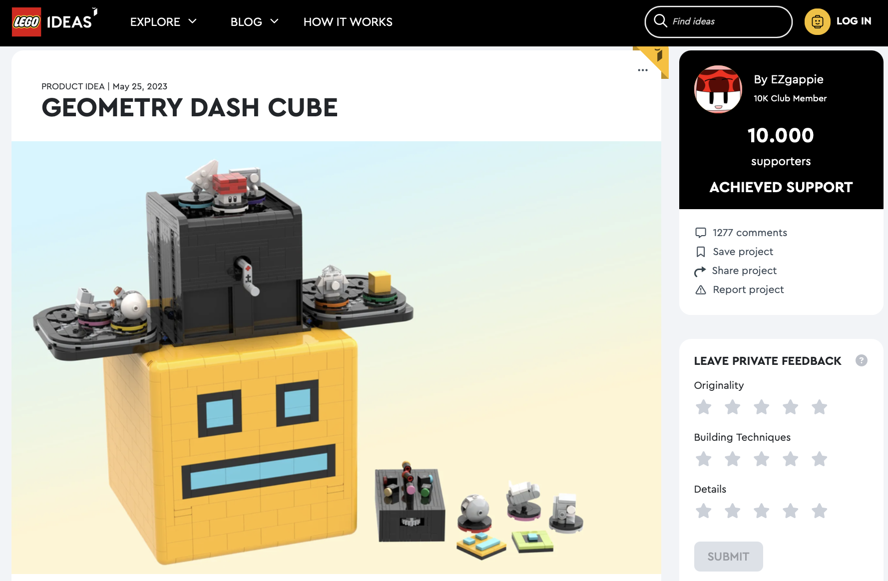 Geometry Dash Cube raggiunge i 10k su LEGO Ideas