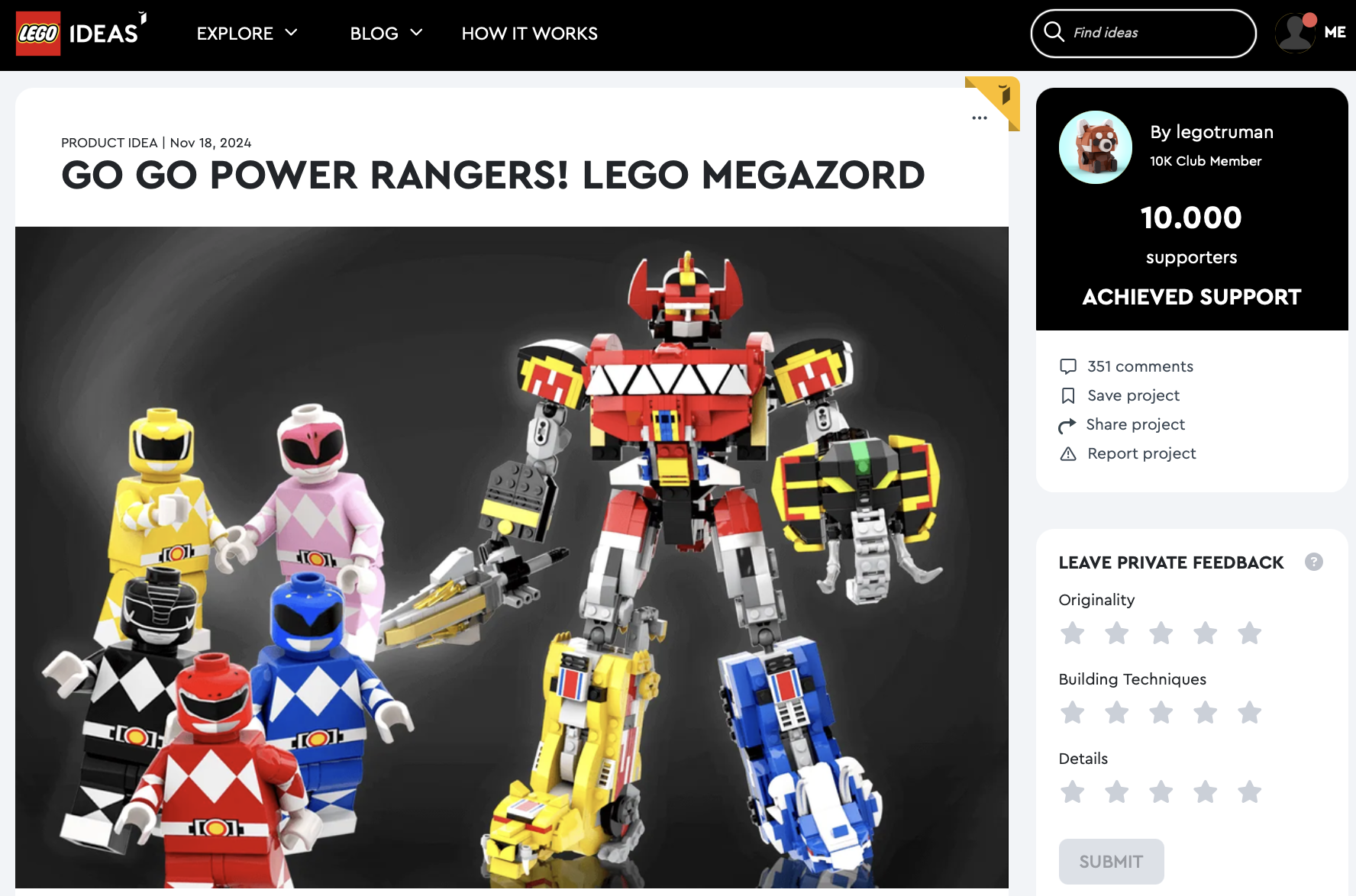 Go Go Power Rangers! LEGO Megazord raggiunge la review LEGO Ideas