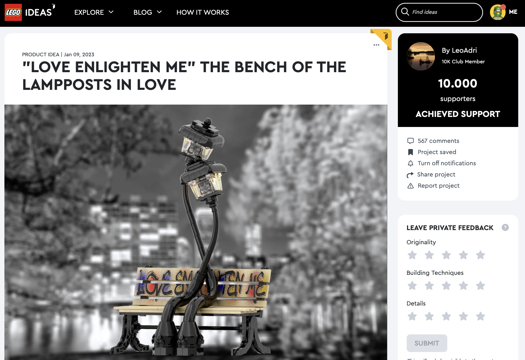 “Love Enlighten Me” The Bench of the Lampposts in Love raggiunge la review LEGO Ideas