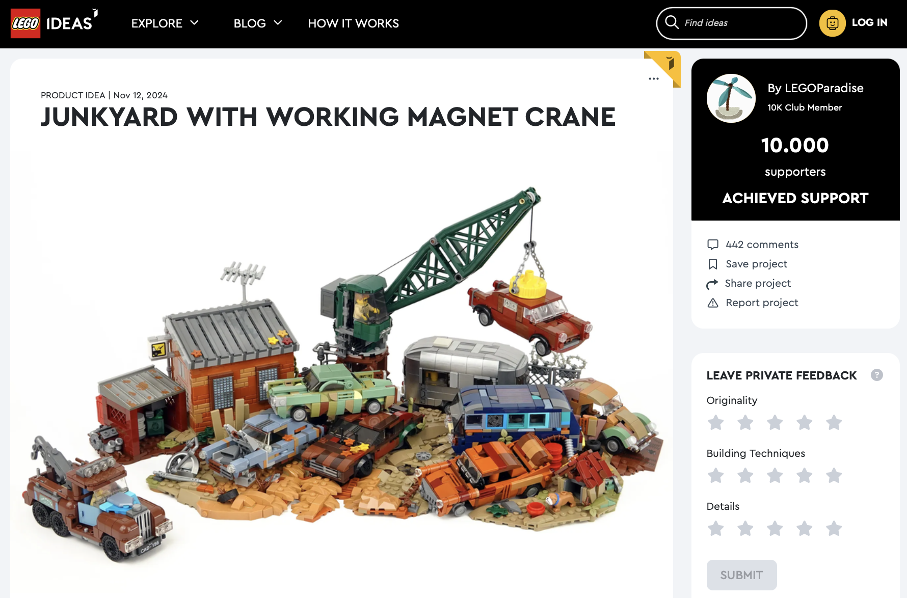 Junkyard with working magnet crane raggiunge la review LEGO Ideas